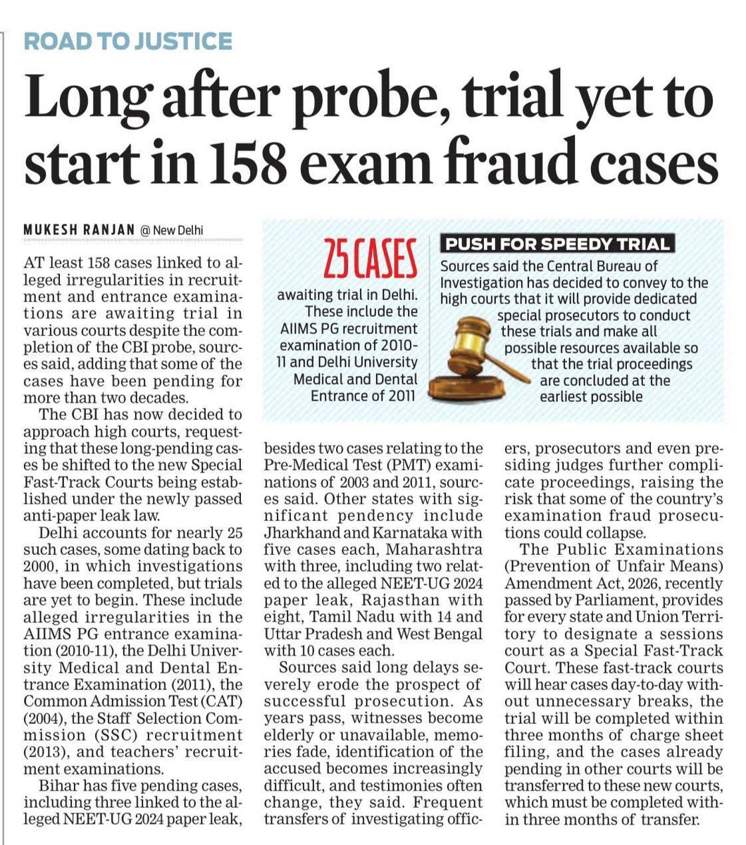 GuptaPragnya's tweet photo. Examination Frauds Are Pouring ‼️😡

This is not an abstract “system failure.” It is a long, documented failure of will.
The CBI finished its probes. Charge-sheets exist. Yet 158 exam-fraud cases still sit untried — some for more than twenty years. Delhi alone has ~25 of them, including AIIMS PG 2010-11 and DU medical entrance 2011. Bihar, 
Rajasthan, Tamil Nadu, UP, West Bengal and others carry their own pile. Witnesses age out, memories fade, officers get transferred, and the cases quietly rot. That is not inefficiency. That is the system choosing not to deliver justice.

Young people who prepared honestly, families who mortgaged futures, and institutions whose credibility was shredded — all of them have been made to wait while the guilty walked free for years. A punishing law after the fact does not repair the damage already done. A “fool-proof” examination system will never arrive until the state first admits, without spin, that the existing one has been repeatedly compromised and that the response has been glacial.

The new anti-paper-leak law and the promise of special fast-track courts are necessary steps. But they will mean nothing if the same culture of delay, transfer, and soft handling continues. This is no longer a party issue or a state issue. It is a national integrity issue. Every student who sits for a national or state exam is entitled to a process that is clean and to a system that actually prosecutes those who try to subvert it.

Acceptance of past failure is the starting point for any genuine correction — not more announcements, not more committees, and not more selective outrage. The lives of a generation are not collateral damage. I