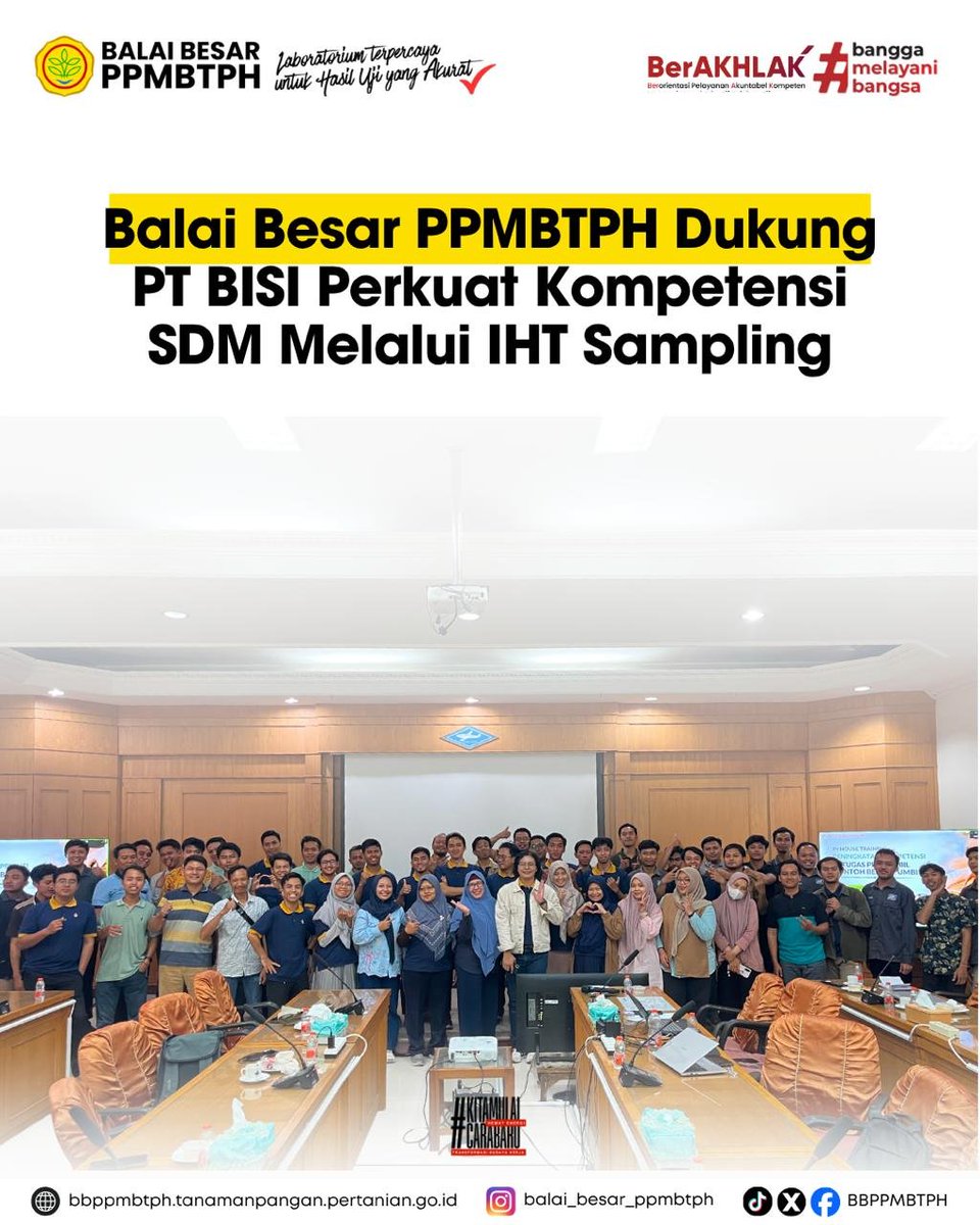BBPPMBTPH's tweet photo. Sebagai wujud layanan publik, Balai Besar PPMBTPH berperan sebagai narasumber pada In House Training di PT BISI International Tbk, Kediri, 22–23 Juli 2026.
#BBPPMBTPH
#LayananPublik
#InHouseTraining
#PTBISI
#SwasembadaPangan https://t.co/lsvkPjQtk6