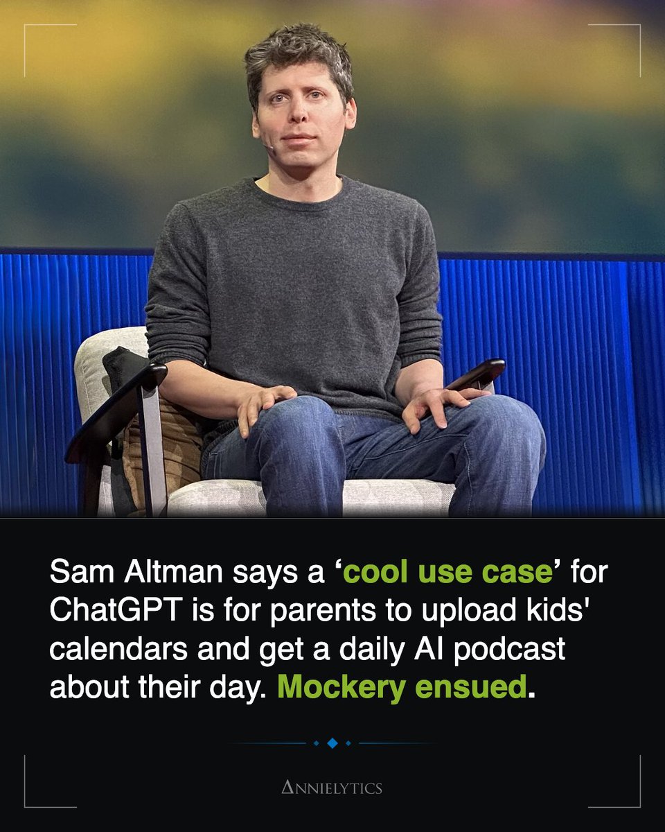 AnnieCushing's tweet photo. Altman post:

cool use case of chatgpt work i heard last night:

connect your family calendars and explain your kids' interests.

every morning for the drive to school, have it make a podcast that talks about one kid's soccer game that afternoon, one kid's upcoming birthday, some news, etc.

---

Most popular response: "What if you just talked to your children"

#AI #ArtificialIntelligence #AITools #OpenAI #SamAltman #kids #parenting  #AIForKids