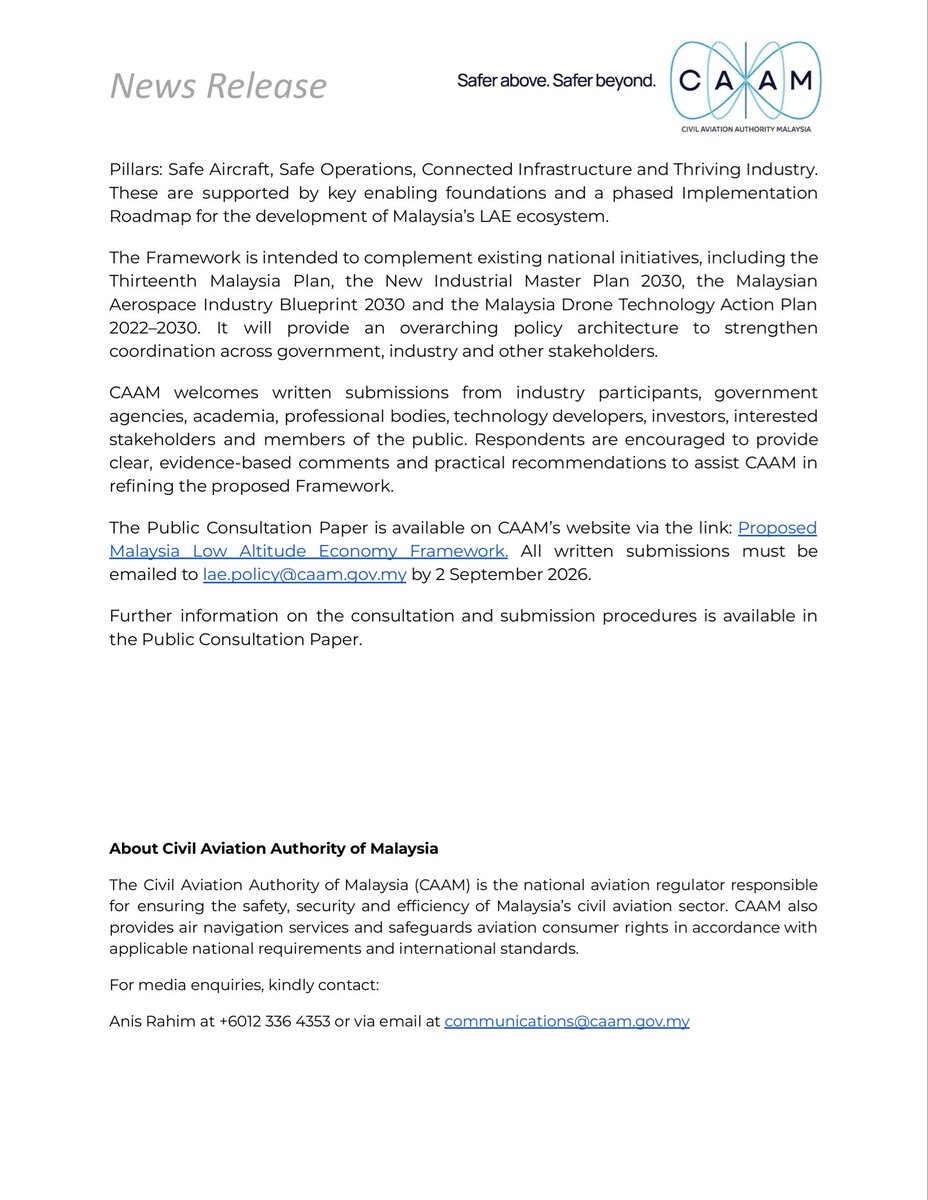 CAA_Malaysia's tweet photo. #NewsRelease | 4 August 2026

CAAM Launches Public Consultation To Shape Malaysia’s Low Altitude Economy

https://t.co/c30mng0JGI

#TeamCAAM #SafeSustainableSkies #SaferAboveSaferBeyond #LowAltitudeEconomy #LAE https://t.co/CuoaCeSMc2