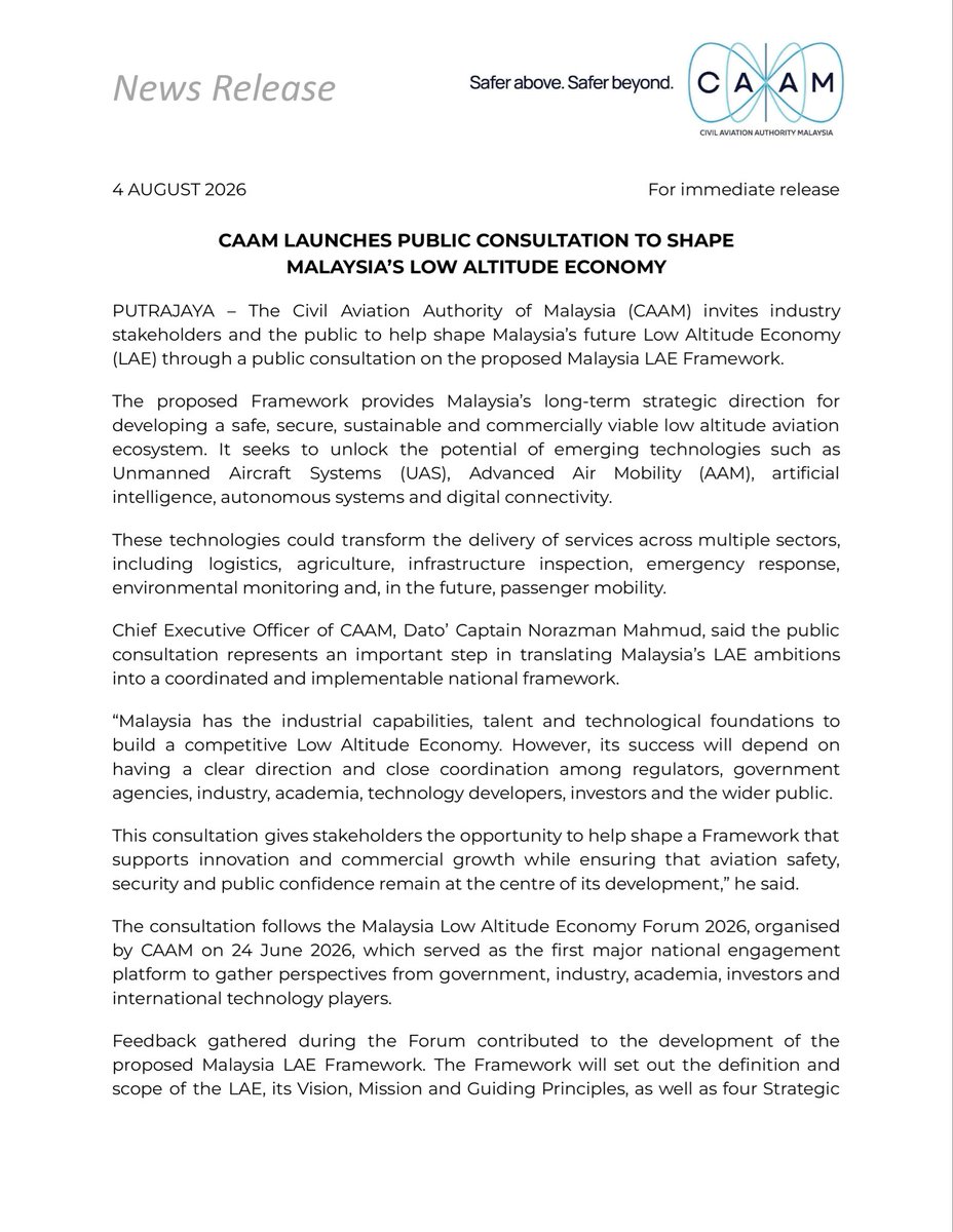 CAA_Malaysia's tweet photo. #NewsRelease | 4 August 2026

CAAM Launches Public Consultation To Shape Malaysia’s Low Altitude Economy

https://t.co/c30mng0JGI

#TeamCAAM #SafeSustainableSkies #SaferAboveSaferBeyond #LowAltitudeEconomy #LAE https://t.co/CuoaCeSMc2