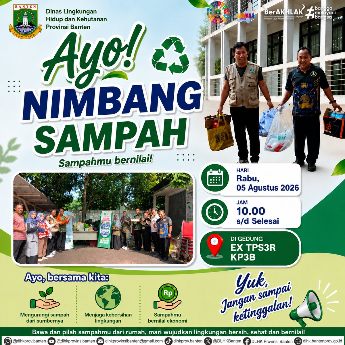 DLHKBanten's tweet photo. Mari bawa sampah anorganik yang telah dipilah dan ditimbang. Bersama kita kurangi sampah dari sumbernya, tingkatkan budaya daur ulang, serta wujudkan Banten yang bersih, sehat, hijau, dan berkelanjutan.
🗓 Rabu, 05 Agustus 2026
🕙 10.00 WIB
📍 Gedung Ex TPS3R KP3B https://t.co/0PS2dtImEo