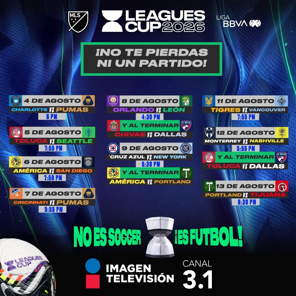 ImagenDportesTV's tweet photo. La Leagues Cup viene a demostrar una vez más que no es soccer… ¡es futbol! 🫵🧐

Arranca una nueva edición del enfrentamiento de la MLS vs la Liga MX y en Imagen te llevamos toda la emoción 🔥⚽️

#LeaguesCup2026 #LeaguesCupEnImagen https://t.co/c5neHcPUdL