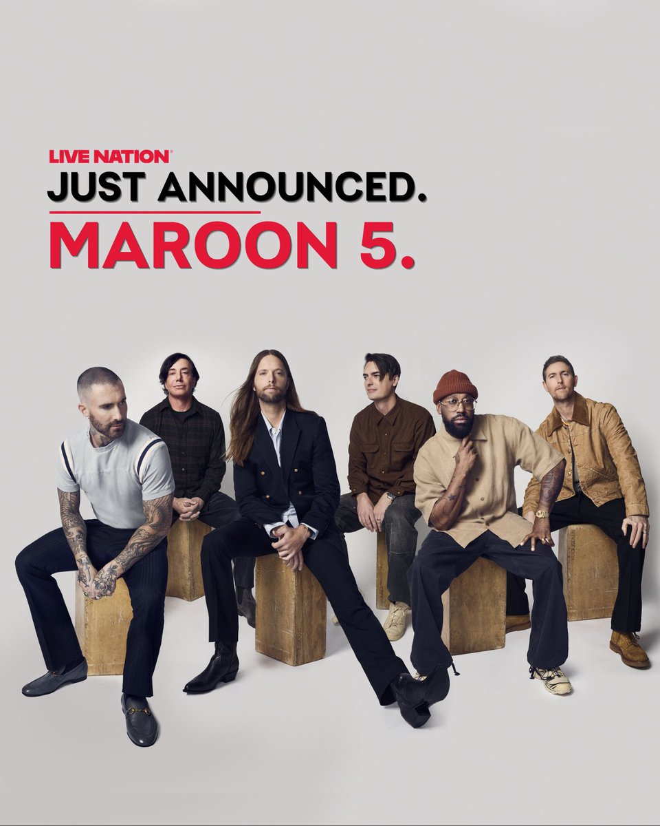 LiveNationASIA's tweet photo. JUST ANNOUNCED. Maroon 5.

We heard you loud and clear! @maroon5 is finally coming back to Asia this Jan and Feb 2027 💥

All ticketing details at https://t.co/In0vMSCdmB and VIP details at https://t.co/m1GrytuutH🎫

#maroon5 #livenationasia https://t.co/gnPcOOoIqm