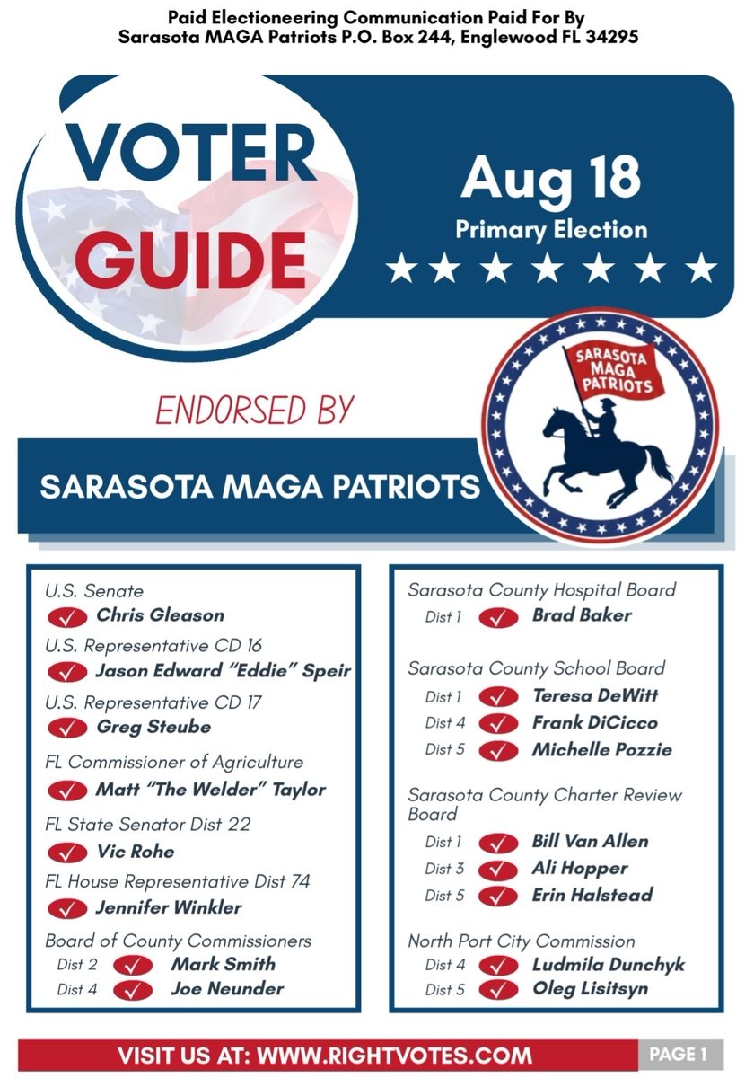SRQMAGAPatriots's tweet photo. Sarasota County,  in person voting starts this Saturday! Be prepared prior to casting your vote by researching our endorsed candidates and consider voting for them! https://t.co/Ck0kVzpmiH