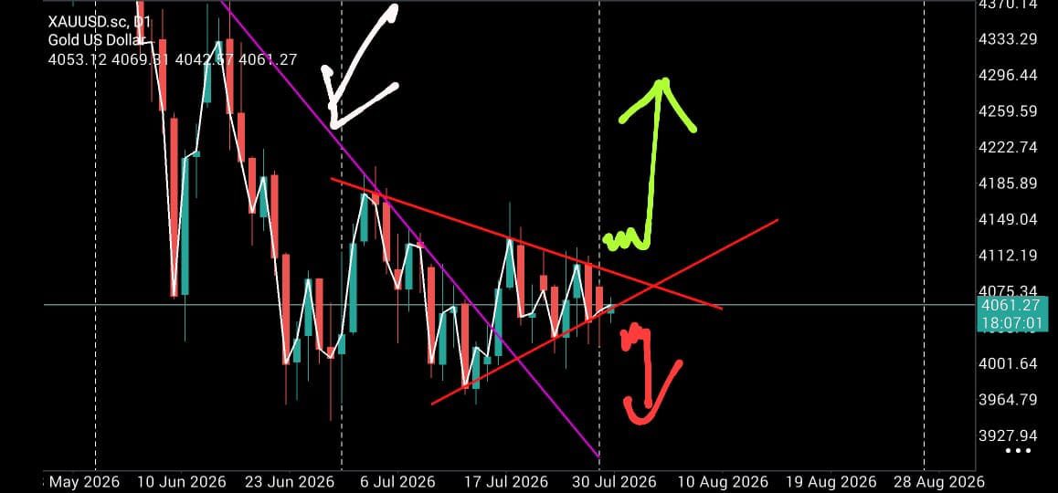 BSC_333's tweet photo. Good Morning Traders☕
2026年8月4日 周二 
黄金 Market Outlook

Daily Chart:
日图从突破大的下行趋势线后，市场出现大幅度上下的徘徊，目前已经走到尾端（趋势线鳄鱼嘴巴），这周内必会出一个方向，这将决定我们的交易方向。 https://t.co/Pf3LaTsHS4
