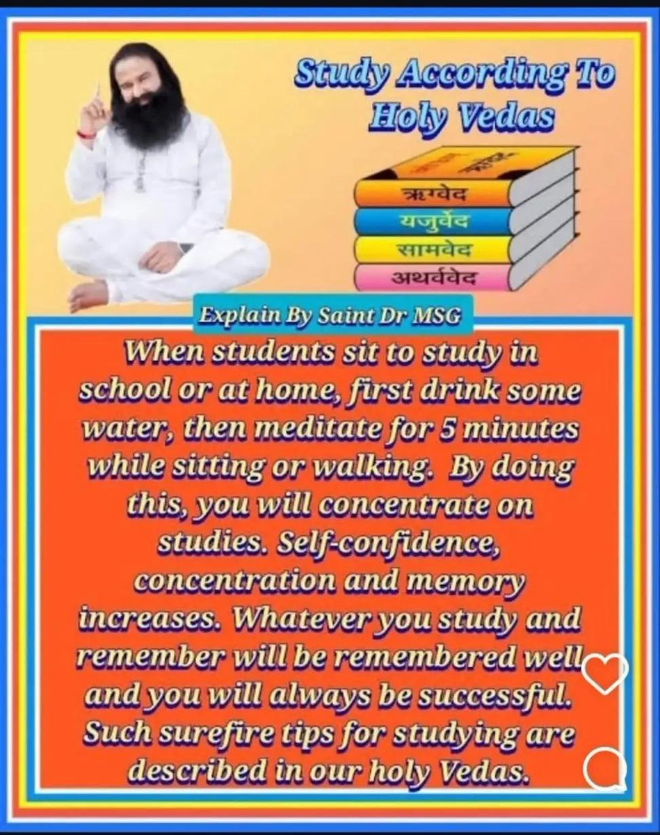 Surende55011956's tweet photo. Students bcome very stressed at exam times #SaintGurmeetRamRahimJi gives #BestStudy Tips He suggests that every student Must add meditation in their daily routine. By following these Tips many Students are able to get higher marks in exams
#Focus
#Concentration https://t.co/SknApEKhGE