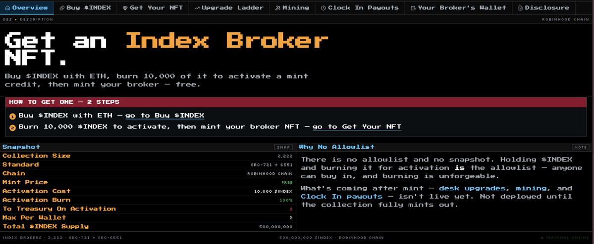 indexbrokers's tweet photo. Index Brokers  is live on @RobinhoodApp .

We launched with a unique mint process. 

Buy $INDEX → burn 10,000 for a mint credit → claim your Broker NFT.

2,222 supply. 100% of every burn goes to the dead address — no split to treasury. 

Start here → https://t.co/Hx138jXNSW https://t.co/2kGLZBEo2r