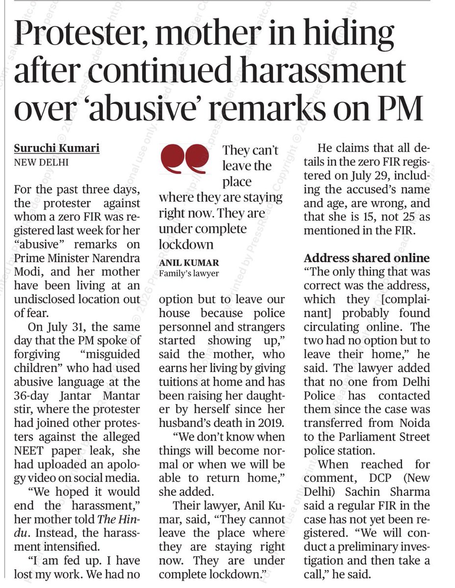 SaketGokhale's tweet photo. After being humiliated by the youth of India, Modi-Shah have decided to take revenge on a 15-year-old child. 

News reports say that she & her widowed mother have gone into hiding after constant harrasment. 

How SICK are Modi-Shah & BJP to push a 15-year-old into hiding just because she “used swear words for the PM”? 

In any functional democracy, you have the freedom to say WHATEVER YOU WANT against the govt & its leaders. This is the norm across the free world. 

Under Modi-Shah, a CHILD is being terrorized by the state machinery merely over her language. This is despicable.