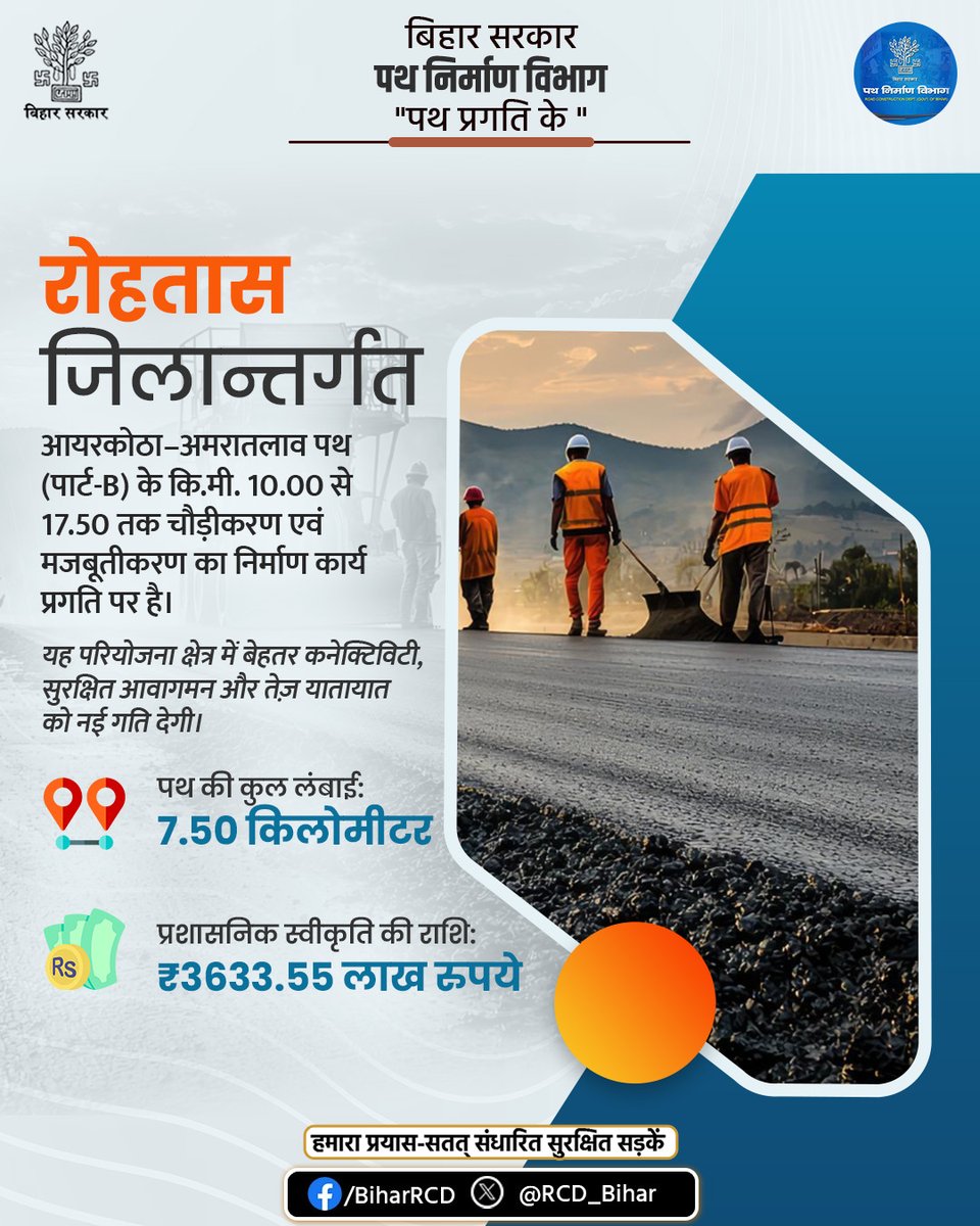 RCD_Bihar's tweet photo. रोहतास जिलान्तर्गत आयरकोठा–अमरातलाव पथ (पार्ट-B) के कि.मी. 10.00 से 17.50 तक चौड़ीकरण एवं मजबूतीकरण का निर्माण कार्य प्रगति पर है। 
@RCD_Bihar
#BiharRoadConstructionDepartment #RoadInfra #BiharRoads #roadsafety
@ershailendrabjp https://t.co/tjybjDtwqN