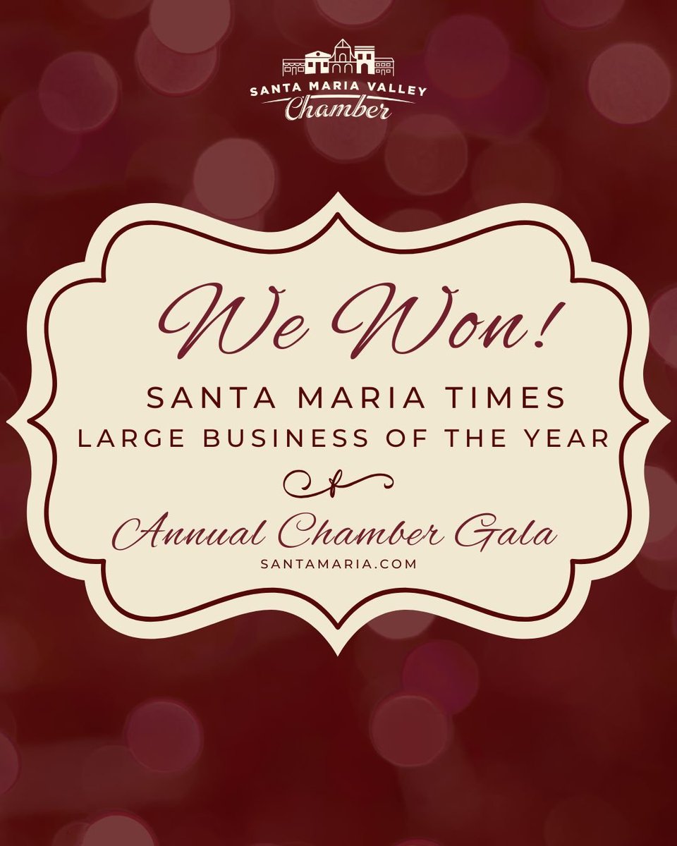 SantaMariaTimes's tweet photo. The Santa Maria Times is thrilled to have been chosen as Large Business of the Year by the Santa Maria Valley Chamber of Commerce! 
The Times has been publishing continuously since 1882. 
We are proud and honored to be recognized -
https://t.co/WxzAPPbRCP https://t.co/qXMp3I8fNN
