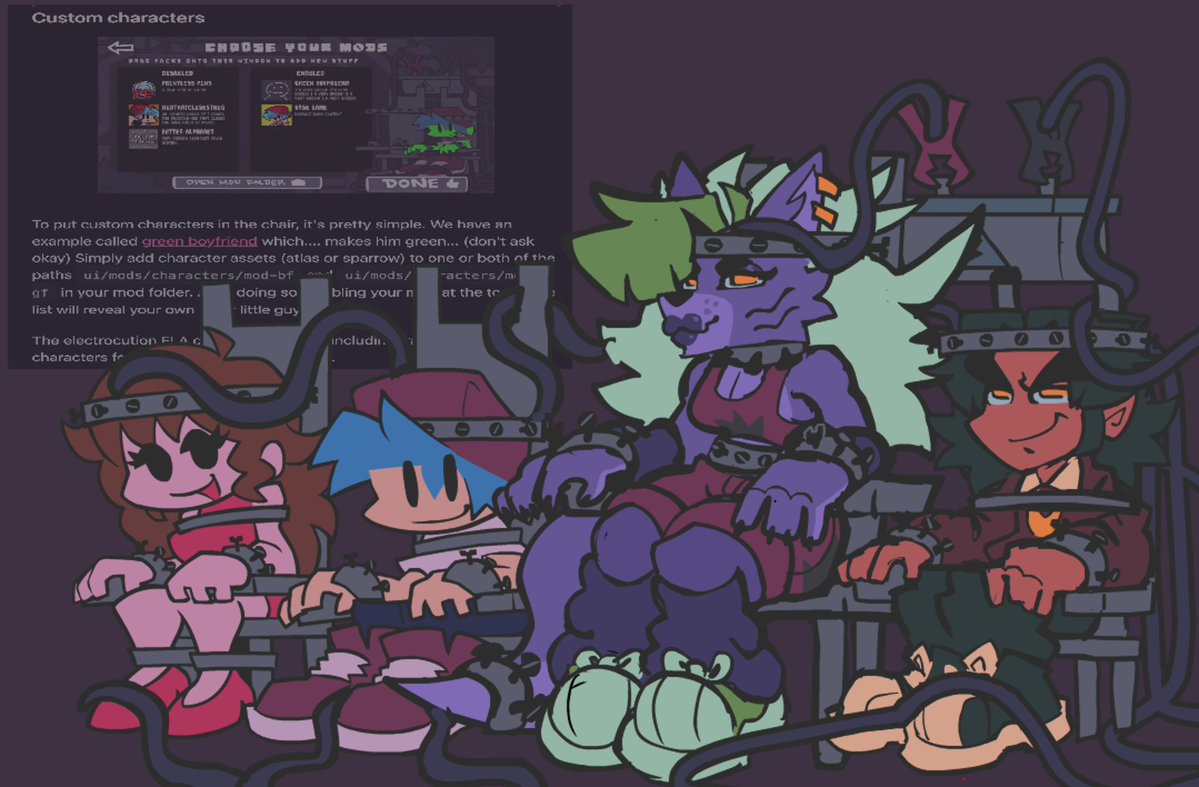 benllammert's tweet photo. they mentioned you could put custom characters in the chairs, with the mod highest in the list taking priority over who shows up lol !

electrocution buddies! https://t.co/APwRJ1ReQS