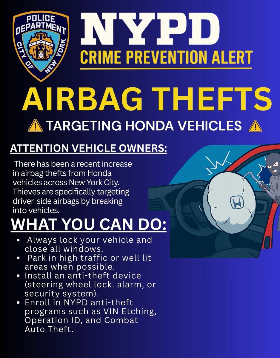 NYPD107Pct's tweet photo. Protect your vehicle, and its components!  See flyer on ways to keep your airbags and vehicle safe! https://t.co/PC9ZXrZYGW