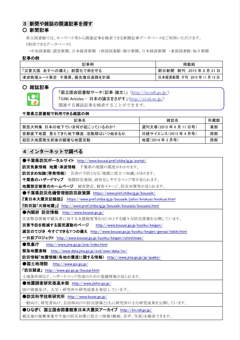 chibaken_lib's tweet photo. 『パスファインダー（調べ方案内） 防災 地震から身を守る』（千葉県立西部図書館　2016年3月改訂）
https://t.co/1tsVFca3nF https://t.co/vKLXIXNELF