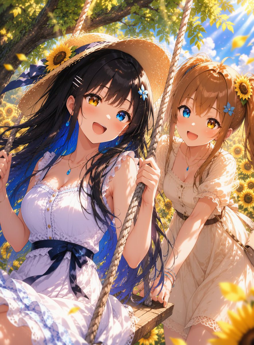 夏陽の彼方に向日葵の笑み こちら参加します🎵 向日葵畑でブランコを
