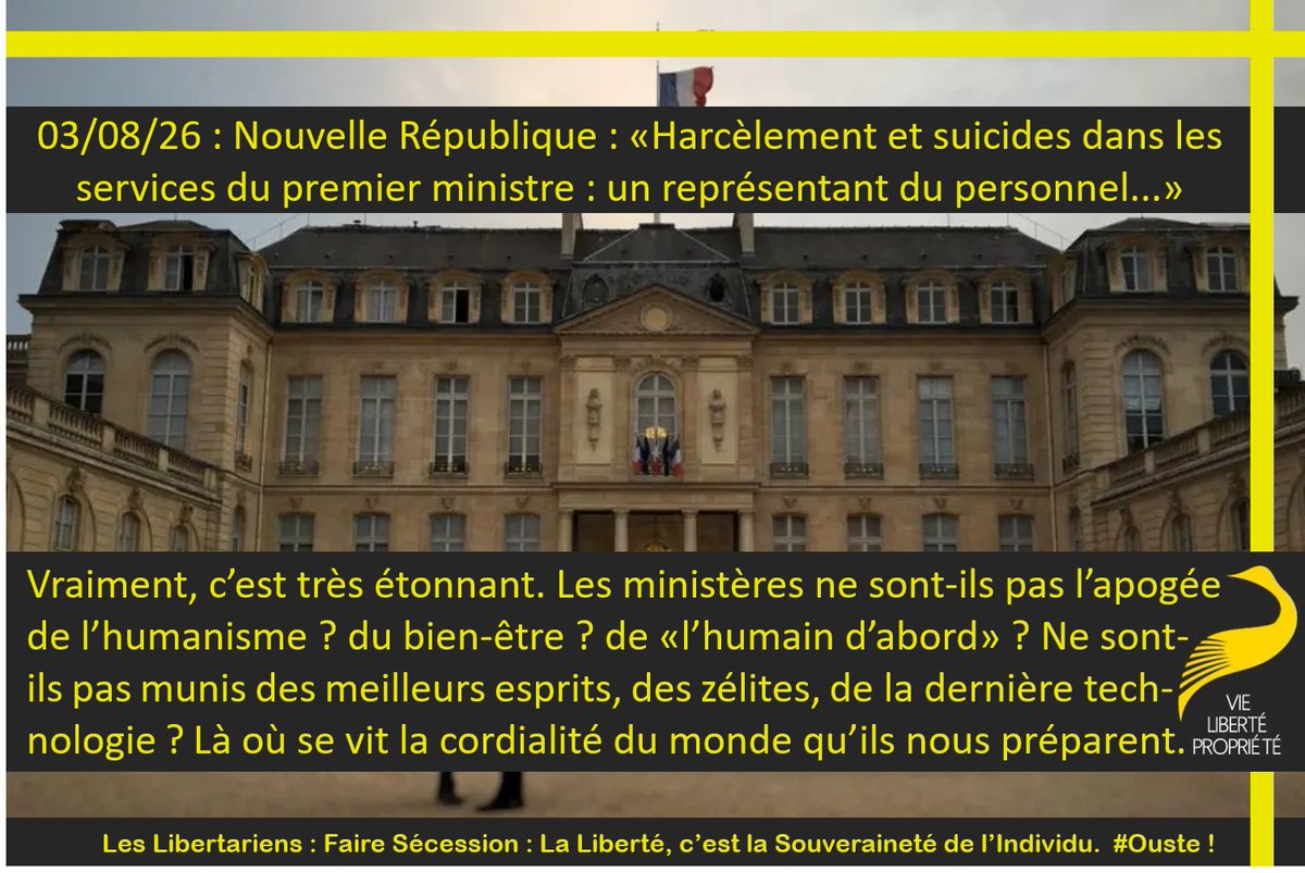 StephaneGeyres's tweet photo. Vraiment, c’est très étonnant. Les ministères ne sont-ils pas l’apogée de l’humanisme ? du bien-être ? de «l’humain d’abord» ? Ne sont-ils pas munis des meilleurs esprits, des zélites, de la dernière technologie ? Là où se vit la cordialité du monde qu’ils nous préparent.
#Ouste https://t.co/1XcQ5EsiWi