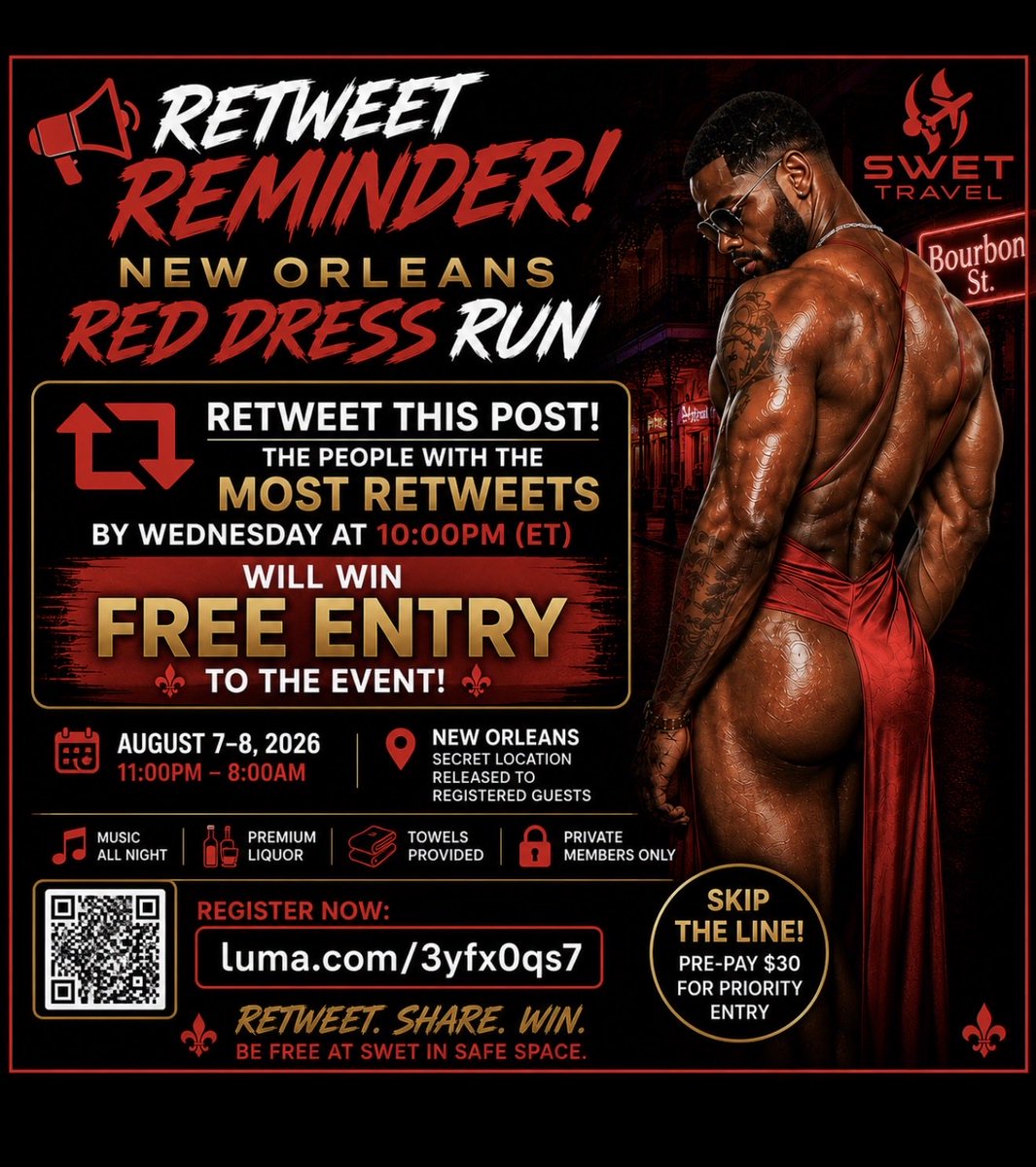 SwetclubLLC's tweet photo. 🚨 NEW ORLEANS GIVEAWAY REMINDER! 🚨

Want to get in FREE for our New Orleans Red Dress Run? 🔥

Retweet this post! The people with the most retweets by Wednesday at 10:00 PM (ET) will each win FREE ENTRY to the event! https://t.co/6lSjOlBYi7