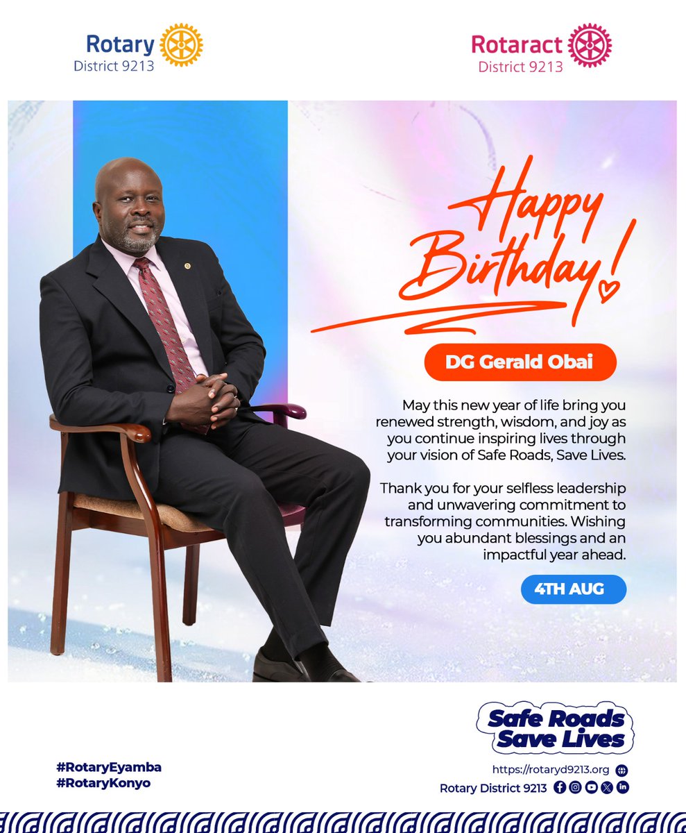 rotaryd9213's tweet photo. Behind every great movement is a leader who inspires others to serve.

Today, we celebrate our District Governor, Gerald Obai (@dgrotaryd9213)

Happy Birthday to a leader whose passion, humility, and commitment continue to inspire us to serve and Create Lasting Impact.

May your year ahead be filled with good health, renewed strength, wisdom and abundant blessings.

Happy Birthday, Governor!

#RotaryEyamba | #RotaryKonyo