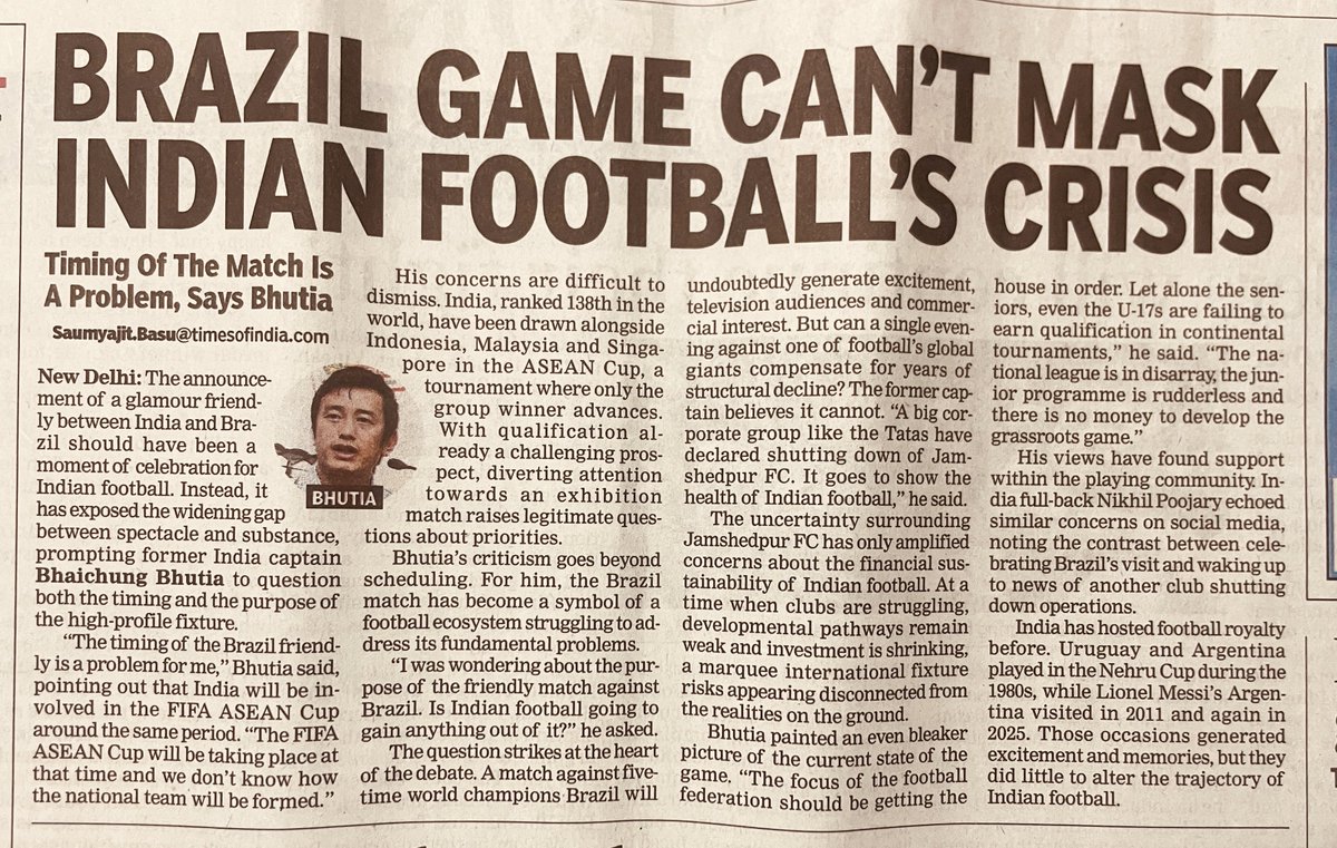 1DrAjitkumar's tweet photo. The #Brazil #Football team's India tour amid the shutdown of ⁦@JamshedpurFC⁩ by ⁦@TataCompanies⁩ feels like a grand reception in a house of sorrow. The celebration feel misplaced when family itselfs is grieving.#aiff ⁦@THE_RanjitBajaj⁩ ⁦⁦⁦⁦⁦ https://t.co/Kl1uv9lcYJ