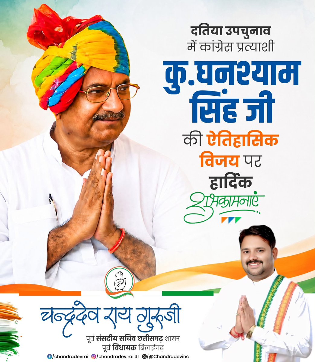 Chandradevinc's tweet photo. ✨दतिया विधानसभा उपचुनाव में कांग्रेस के लोकप्रिय प्रत्याशी कुंवर श्री घनश्याम सिंह जी को ऐतिहासिक एवं प्रचंड विजय प्राप्त होने पर हार्दिक बधाई एवं अनंत शुभकामनाएँ।

MP Congress
#MPBreaking 
#MpCongress https://t.co/gtnrPwWgpW