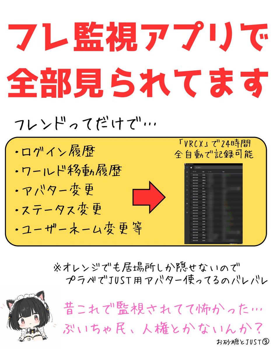 wahumaru's tweet photo. フレ監視アプリで浮気は即バレます‼️

いつログインして、どこにいたか、どのアバターを使っていたか、全自動でこっそり記録されちゃいます。怖いね。
(古参や海外では有名で、noteでも以前から散々紹介されてます)

監視できる条件はただ１つ、「フレであること」
そんな「VRCX」は無料です
#VRChat https://t.co/DRe8LU6NpE