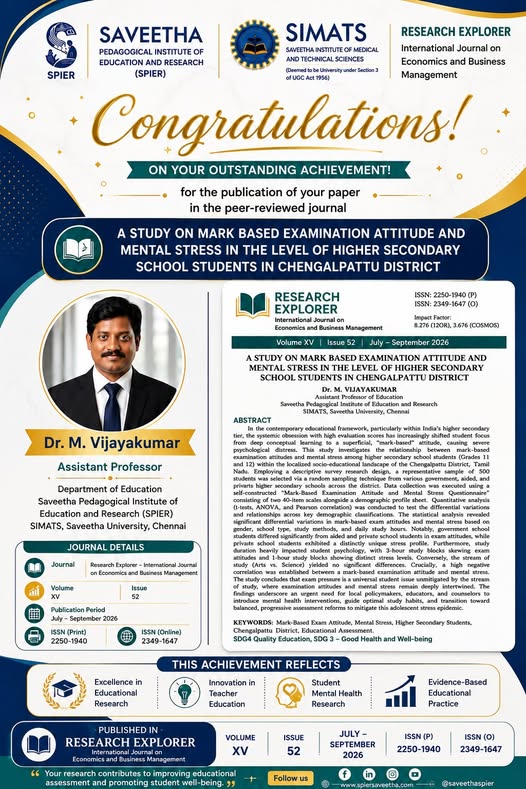 spierresearch's tweet photo. I am pleased to share that Dr. M. Vijayakumar, Asst Prof, SPIER, SIMATS, Chennai, have successfully published a  Journal Available @ https://t.co/7GHXI065gW https://t.co/EyZiLMBtoz