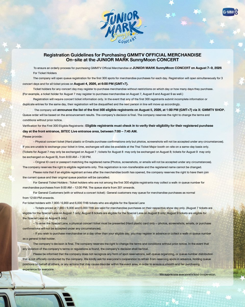 GmmtvShop's tweet photo. ระเบียบการลงทะเบียนเข้าซื้อสินค้า GMMTV OFFICIAL MERCHANDISE หน้างาน JUNIOR MARK SunnyMoon CONCERT

Registration Guidelines for Purchasing GMMTV OFFICIAL MERCHANDISE On-site at the JUNIOR MARK SunnyMoon CONCERT.

#JuniorMarkConcert
#GMMTV https://t.co/kbyzNzZSoJ