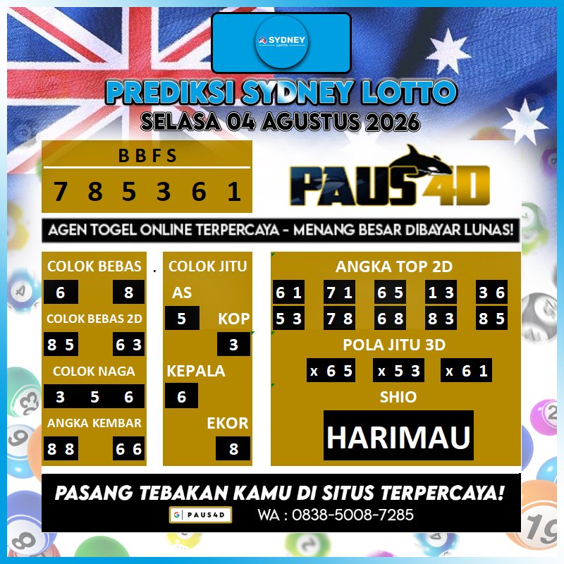 prediksikuda's tweet photo. PREDIKSI SYDNEY 04 AGUSTUS 2026 🐎
Prediksi ini GRATIS tanpa dipungut biaya!
Gunakan sebagai referensi ya! Tapi tetap, selalu ikuti kata hati sendiri ✨
#sydney #sdy #sydneylotto #prediksitogel #prediksisdy #prediksisdylotto #prediksisdyhariini #paus4d #situsterpercaya #fyp https://t.co/tgZd9yeZTf