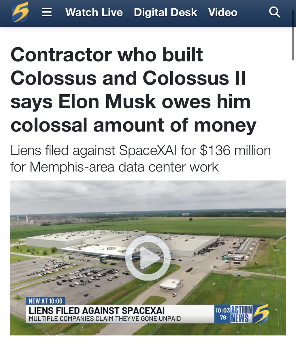 TheTNHoller's tweet photo. MEMPHIS: “A mechanical contractor who helped build Elon Musk’s Memphis-area data centers at breakneck speed says SpaceXAI is dragging its feet on paying his company for work performed since 2024…owes his company more than $136 million…” https://t.co/JWqiHQoZJj https://t.co/kCZ2KAztV7