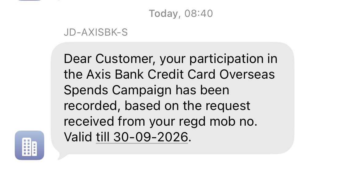 parthkochhar's tweet photo. Axis Overseas Spend Campaign is back 💳

I register for this every single time it comes around.

Simple registration, no extra effort, and additional rewards on top of the regular rewards earned on international spends.

If you have upcoming travel planned, this is one of those offers that’s worth activating before your first overseas swipe.

Easy wins are the best wins ✨

#AxisBank #EdgeRewards #CreditCards