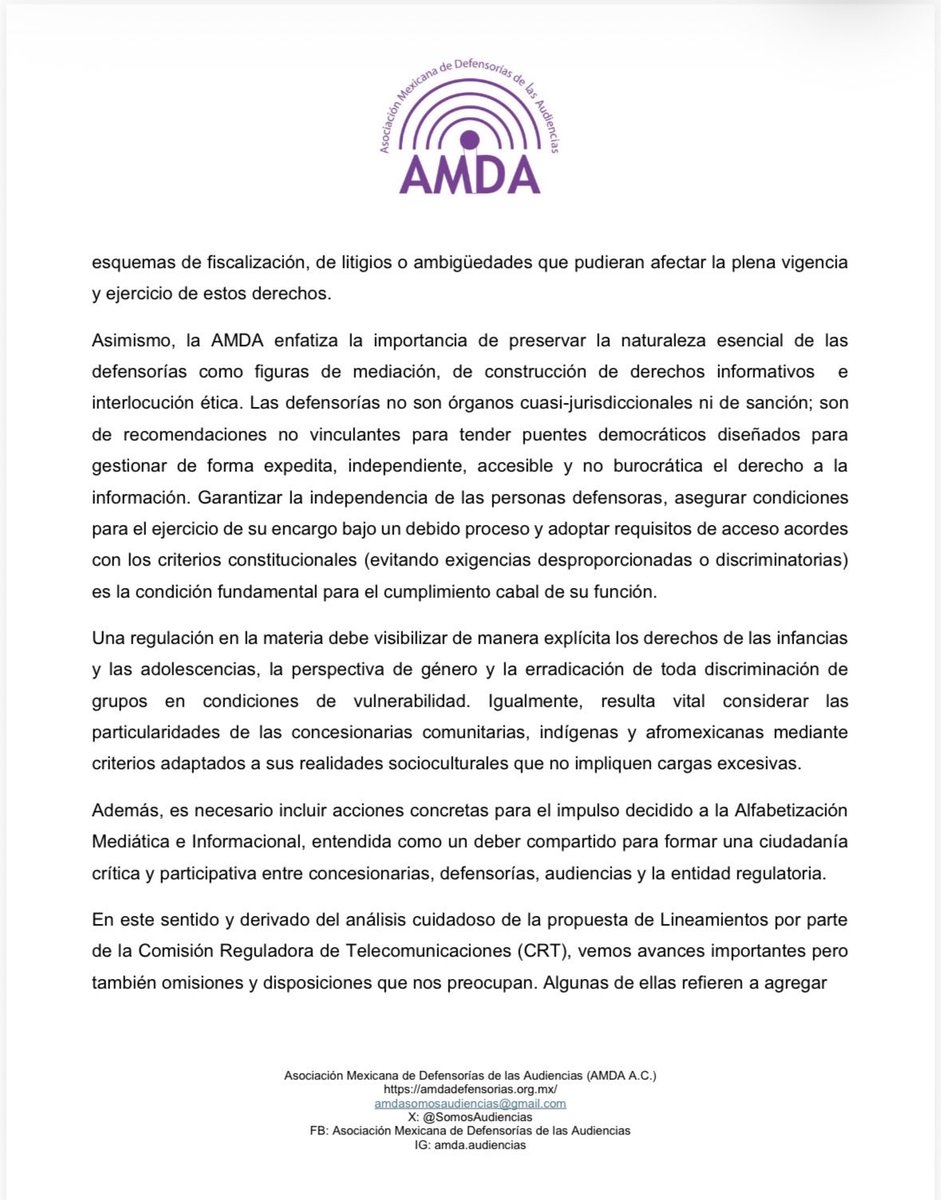 SomosAudiencias's tweet photo. Compartimos Comunicado sobre el análisis que estamos realizando a los #Lineamientos sobre #DerechosDeLasAudiencias puestos a consulta por la @CRTGobMX Estamos trabajando en nuestra participación en dicha consulta. #DDHH #DefensoríasDeLasAudiencias https://t.co/s9kLavxv1z