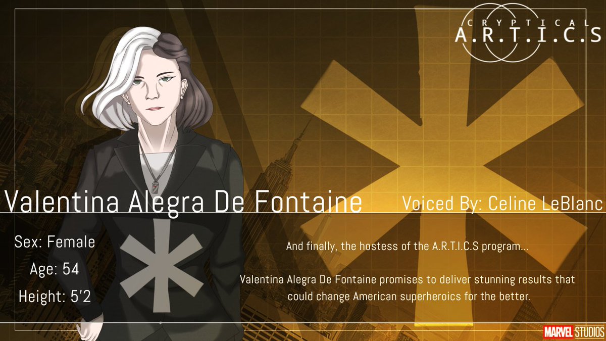 CrypticalArtics's tweet photo. "Stone cold and genuinely kind...shes cornering impeachment."
Please Welcome @CelineVoices as the voice of Valentina Alegra De Fontaine! Salutations to her for taking on 2 roles, its really nice!
#Marvel #Fangantwt #CrypticalARTICS #ACU https://t.co/FSivP7U4b8