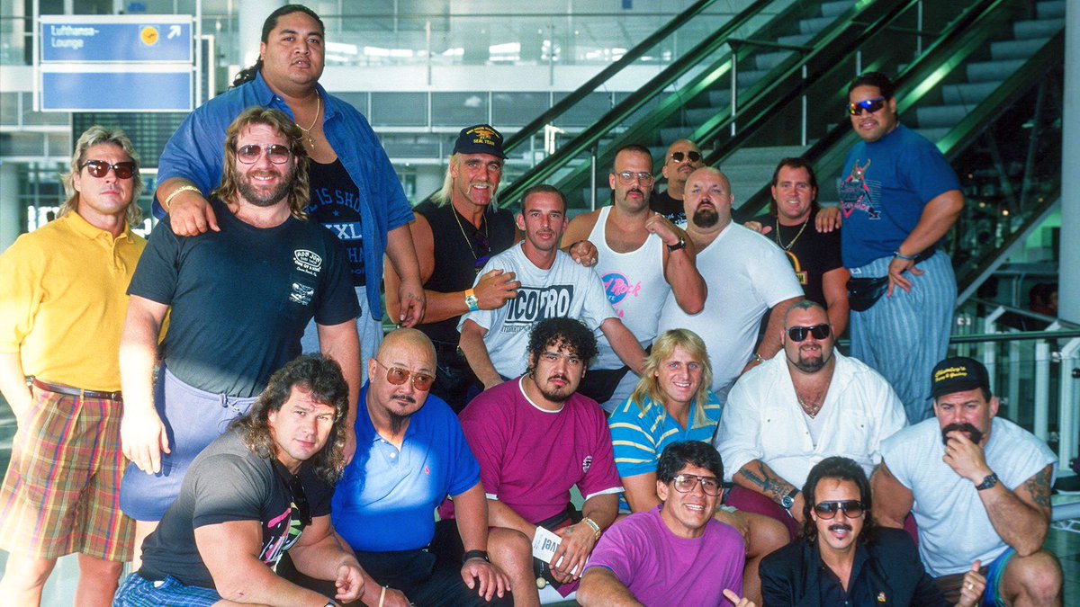 WWFWrestling1's tweet photo. The WWF on tour in August, 1993. ✈️ #WWF #WWE #TerryTaylor #JimDuggan #Yokozuna #HulkHogan #BillAlfonso #HoraceHogan #CharlesWright #BastionBooger #BrutusBeefcake #Fatu #ScottSteiner #MrFuji #Samu #OwenHart #BamBamBigelow #RickSteiner #TitoSantana #JimmyHart https://t.co/m78AqiAxFu