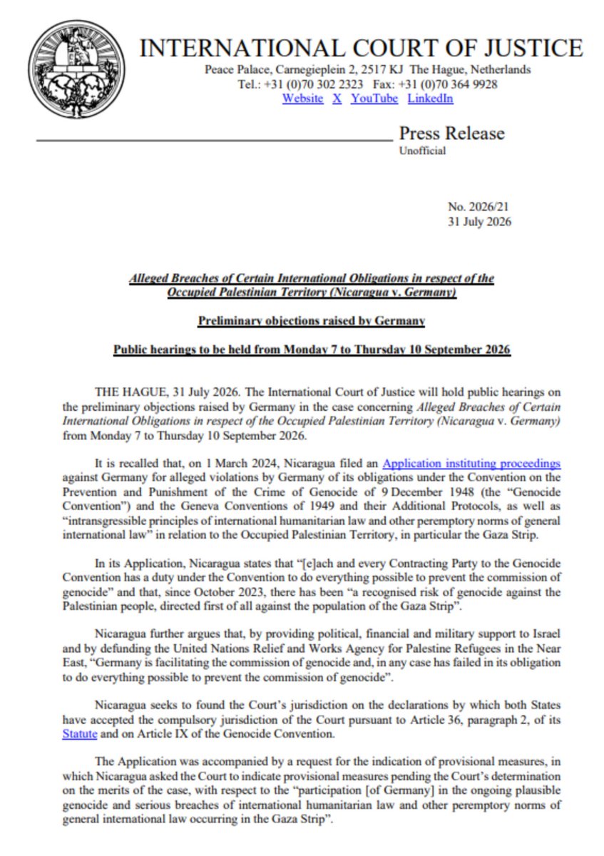 damian17236445's tweet photo. @MustafaBarghou1 🚨 For the genocide deniers. On 7th-10th September 2026 at the International Court of Justice 

Nicaragua v Germany

Every Contracting Party to the Genocide Convention had a duty to do everything possible to prevent the commission of genocide in the Gaza Strip by ISRAEL.

🇵🇸 https://t.co/lCBOjLYRTP