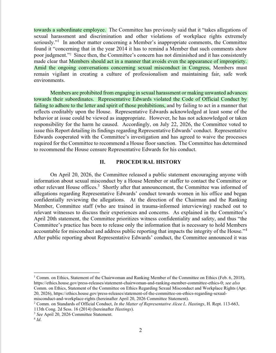 File411's tweet photo. Oh. Dear. The very first few paragraphs -of the recently released House Ethics investigation 
source:  https://t.co/vhIumaIvXu
But  come  on  hes  been  known as  “handsy”  for  years  BUT  THIS👇🏻
“…be censured for his conduct and said it would submit a resolution to the House for a vote…”
“Representative Edwards violated the Code of Official Conduct by failing to adhere to the letter and spirit of those prohibitions, and by failing to act in a manner that 
reflects creditably upon the House….”