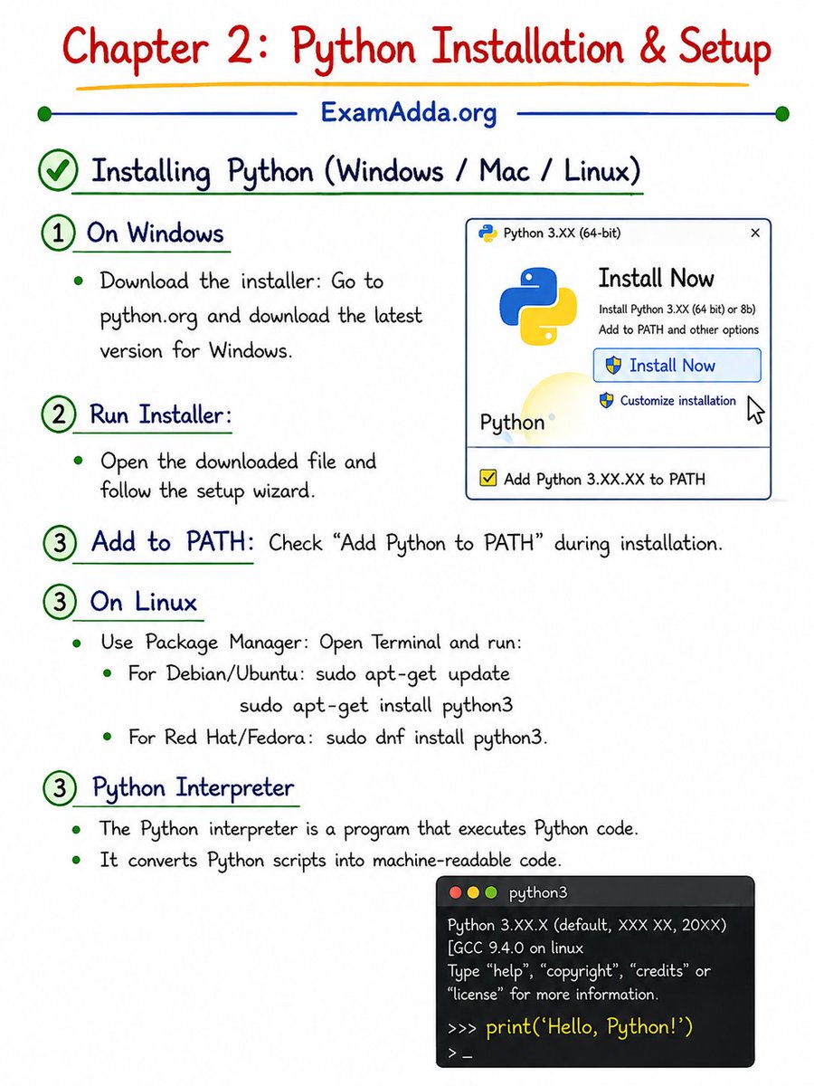examaddaorg's tweet photo. Chapter 2 of our Python Notes is here

Build a strong foundation and save these notes for future revision.

 Stay tuned Chapter 3 is coming next

Python RoadMap https://t.co/nCESAWV3F2

 #PythonNotes #Programming #Coding https://t.co/WUZsbQD8TQ