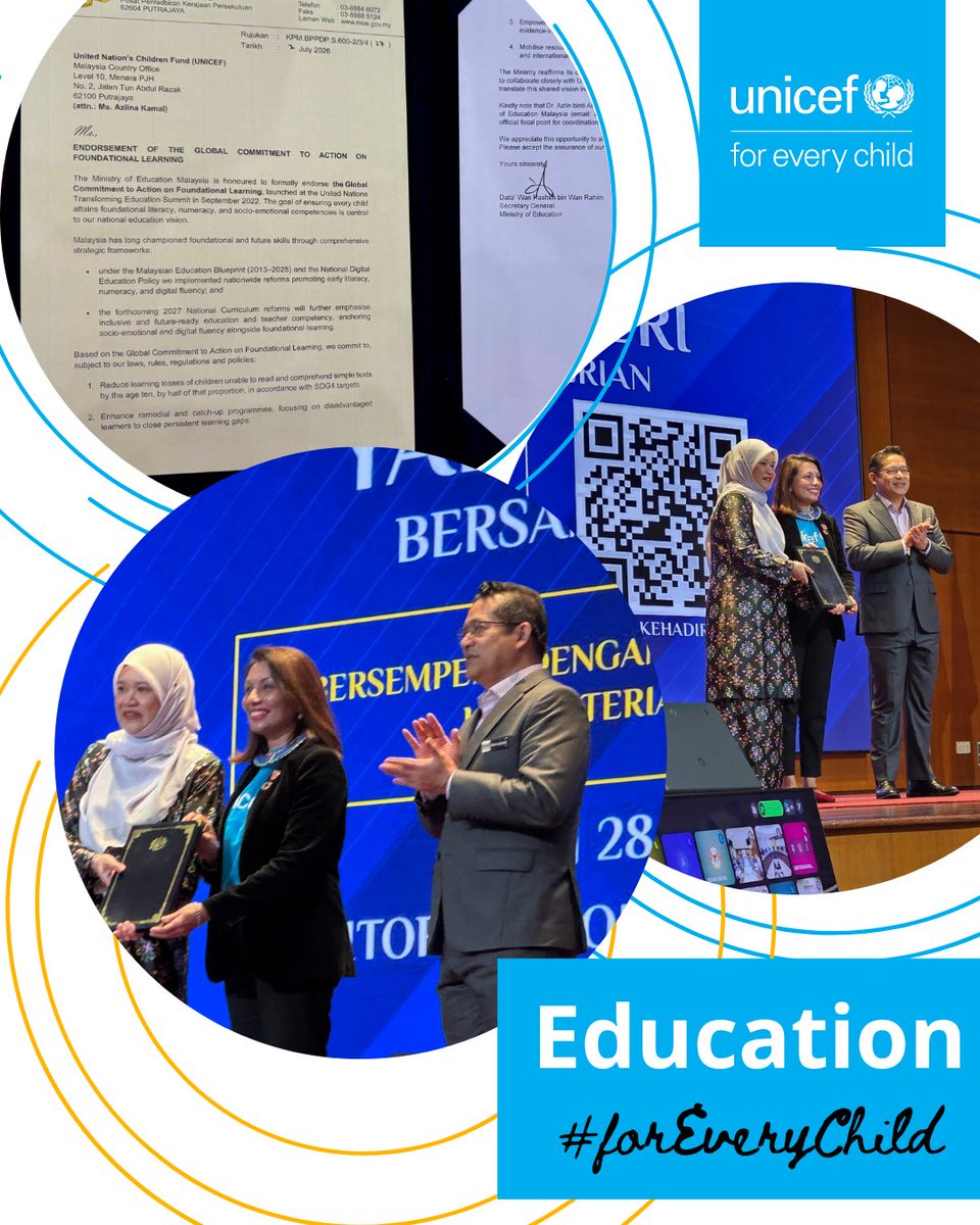 myUNICEF's tweet photo. Every child deserves the opportunity to gain the foundational skills for a brighter future.

Malaysia recently formally endorsed the Global Commitment to Action on Foundational Learning, becoming the 3rd country in Asia and the Pacific to join this global initiative! https://t.co/sAadilqWAK