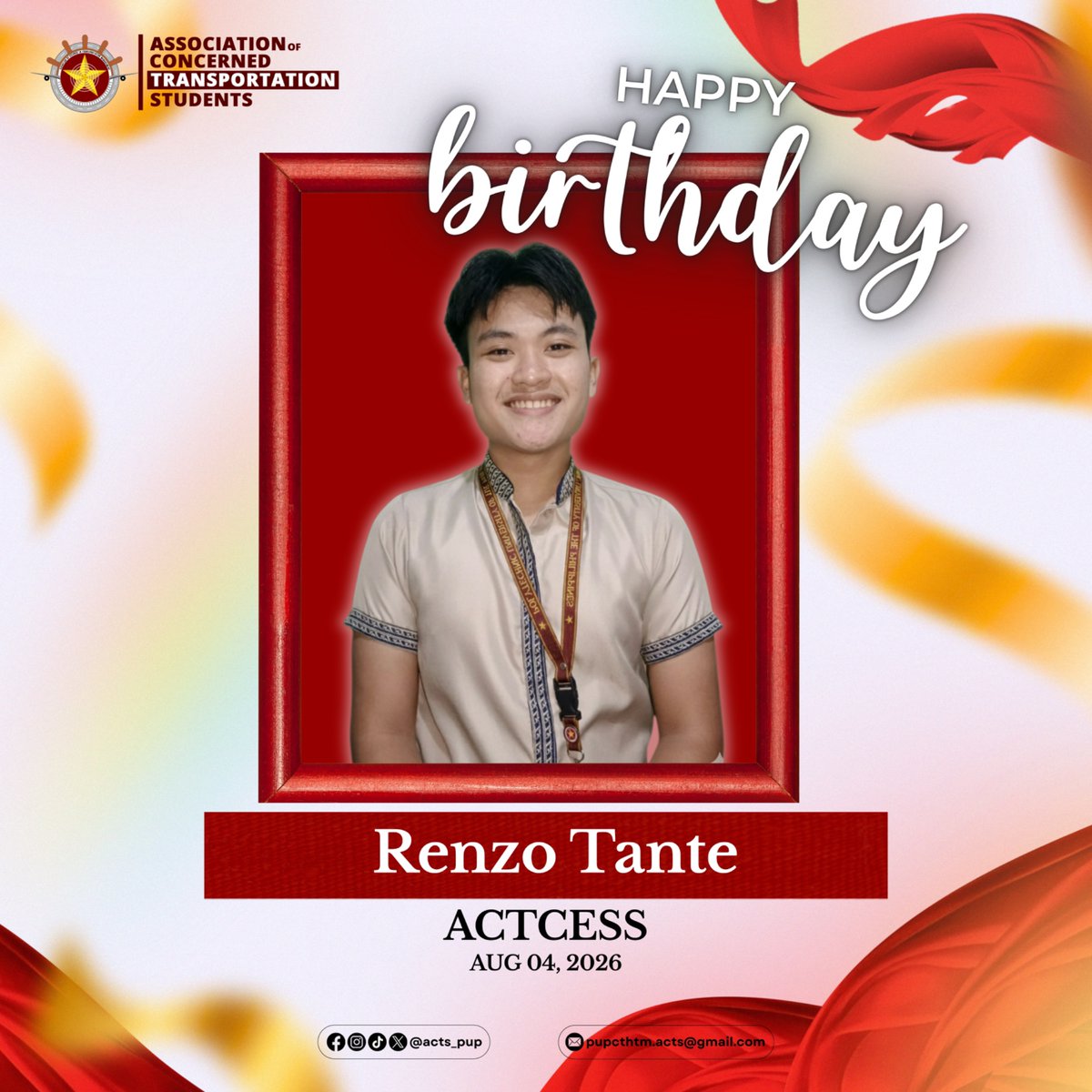 acts_pup's tweet photo. 🚦 Renzo Tante’s Birthday! 🎉🎂
Cheers to our ACTCESS Technical Committee member whose dedication and precision keep every event running smoothly behind the scenes. Wishing you more success, exciting opportunities, and unforgettable milestones. Happy Birthday, Renzo! ❤️✨ https://t.co/E5A2mGjYOe
