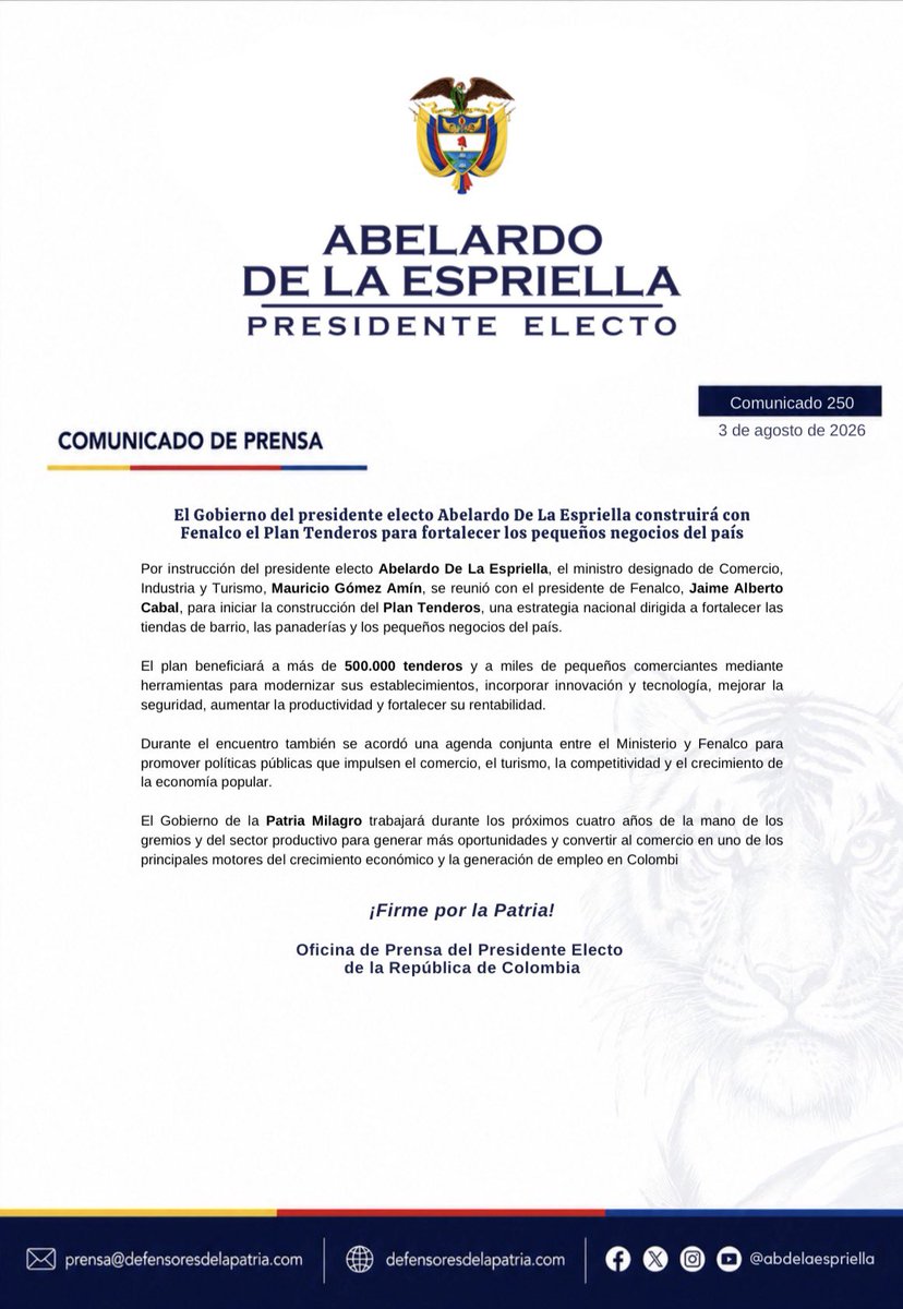defensoresco's tweet photo. #ATENCIÓN | El Gobierno del presidente electo de Colombia, Abelardo De La Espriella (@ABDELAESPRIELLA), anunció la construcción del Plan Tenderos, una estrategia nacional que desarrollará junto a Fenalco para fortalecer las tiendas de barrio, las panaderías y los pequeños negocios del país.

La iniciativa, liderada por el ministro de Comercio, Industria y Turismo designado, Mauricio Gómez Amín (@MauricioGomezCO), beneficiará a más de 500.000 tenderos mediante herramientas para modernizar sus establecimientos, incorporar innovación y tecnología, mejorar la seguridad, aumentar la productividad y fortalecer su rentabilidad.