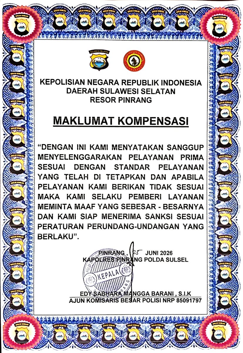 SkckPinrang's tweet photo. MAKLUMAT KOMPENSASI PELAYANAN SAT INTELKAM POLRES PINRANG https://t.co/wfnGpYkX9C