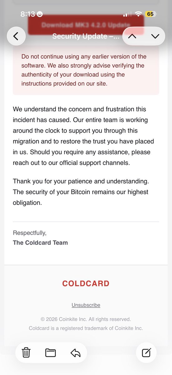 americanhodl8's tweet photo. SCAM ALERT: just got the worlds most obvious phishing attempt urging me to download the new Coldcard Desktop app. There never was, is or will be a coldcard desktop app. This is a scavenger trying to get people during a state of panic. Stay safe out there guys. https://t.co/p6mo99URUE