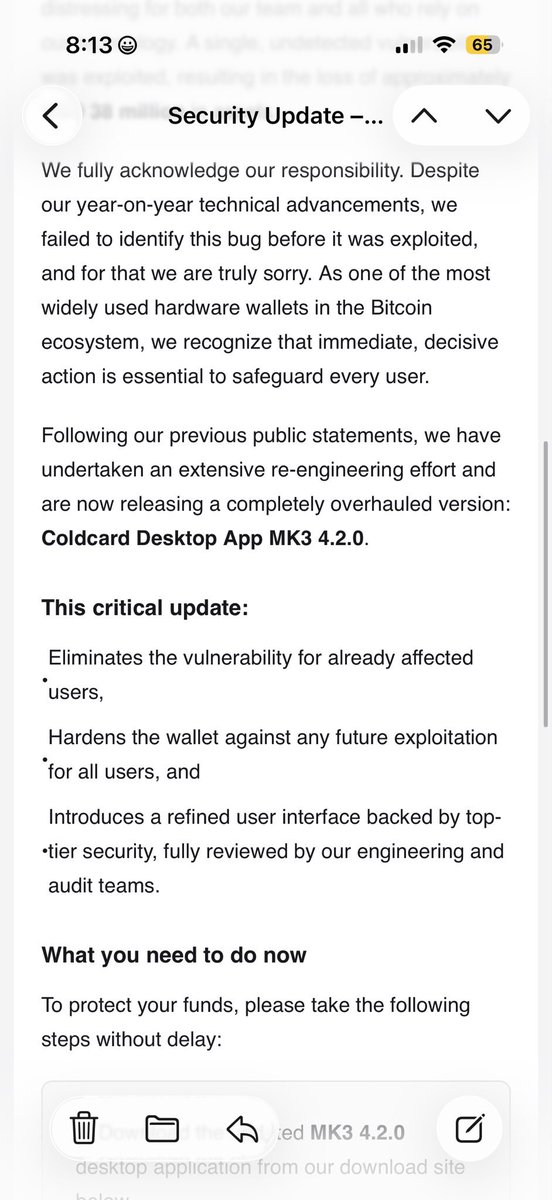 americanhodl8's tweet photo. SCAM ALERT: just got the worlds most obvious phishing attempt urging me to download the new Coldcard Desktop app. There never was, is or will be a coldcard desktop app. This is a scavenger trying to get people during a state of panic. Stay safe out there guys. https://t.co/p6mo99URUE