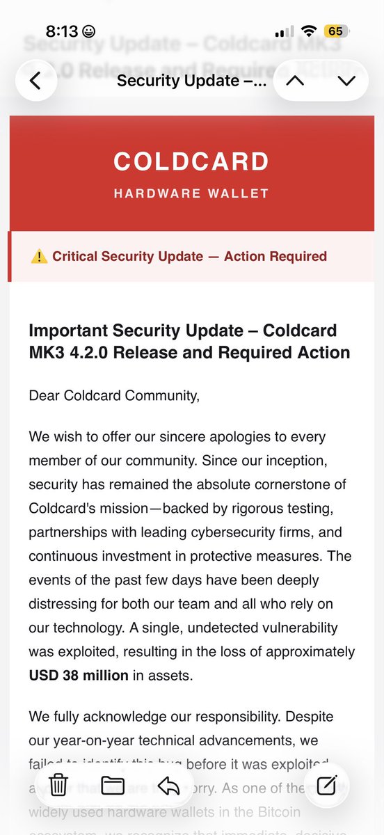 americanhodl8's tweet photo. SCAM ALERT: just got the worlds most obvious phishing attempt urging me to download the new Coldcard Desktop app. There never was, is or will be a coldcard desktop app. This is a scavenger trying to get people during a state of panic. Stay safe out there guys. https://t.co/p6mo99URUE