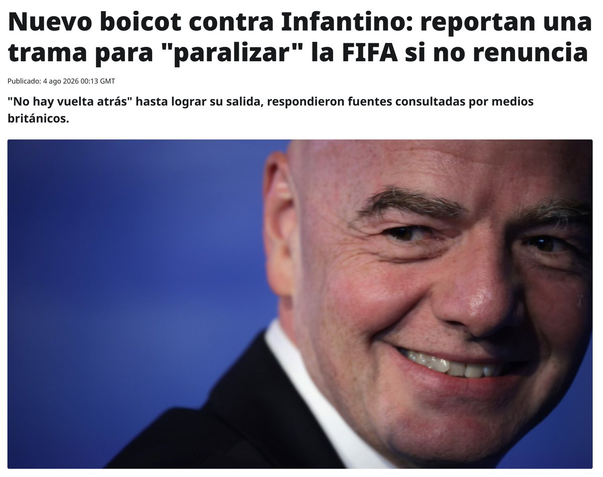 ActualidadRT's tweet photo. ⚽Dirigentes de la UEFA, la Concacaf y la AFC (Confederación Asiática de Fútbol) prepararon estrategias en caso de que el presidente de la FIFA, Gianni Infantino, se niegue a dimitir, según informa The Times. https://t.co/20m59AvaB0