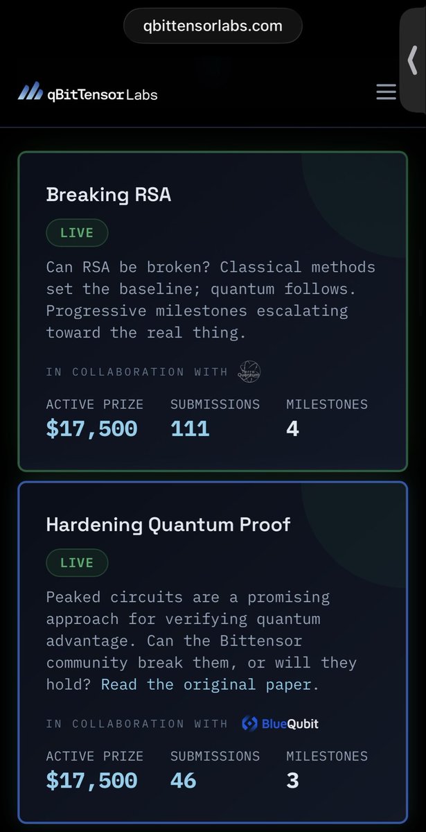 NashOfTAO's tweet photo. ๐จTwo live challenges on @EnigmaSN63 subnet 63.
RSA - sponsored by @terraquantum_ag
Hardening Quantum Proof - Sponsored by @BlueQubitIO
$17,500 reward to break for both.
Only on #Bittensor bittensor:native #SN63
View the challenges here: https://t.co/JOYG8SwQpz https://t.co/orfAMcU9iV
