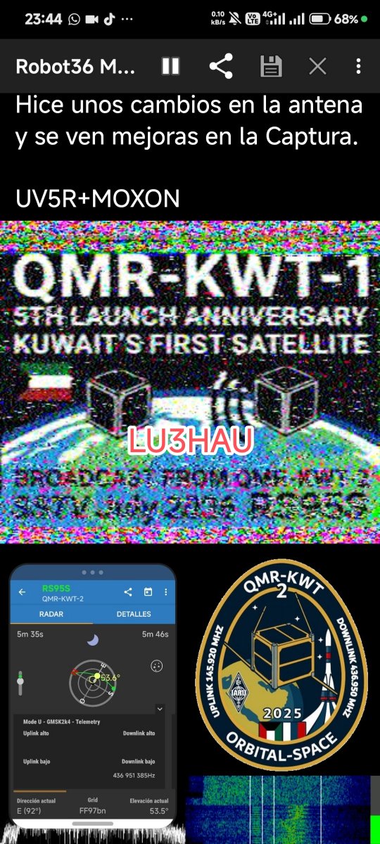 LU3HAU's tweet photo. QMR-KWT-2 (RS95S) over 🇦🇷
Max elevation 54°
UV5R + Moxon.
04/08/2026 02:39 UTC 

I made some changes to my antenna and improved reception.
@orbital_space 

#RS95S #QMRKWT2 #OrbitalSpace #QMRKWT1 #UV5R #MOXON https://t.co/DmttELwuQL