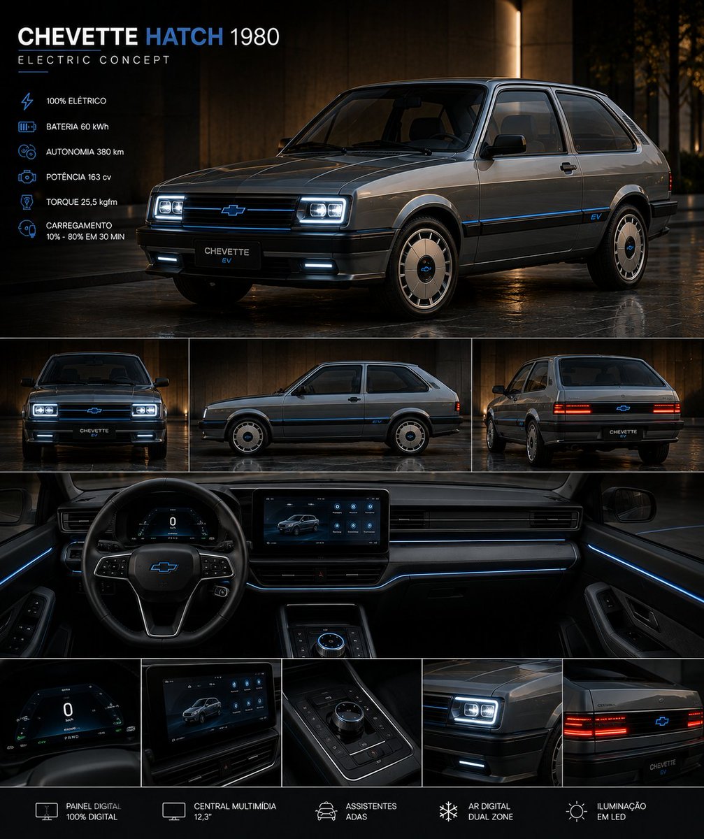 volneint's tweet photo. E se o Chevette Hatch 1980 voltasse em versão 100% elétrica.⚡

Mantendo o DNA do clássico, mas com LED, interior digital e um visual pensado para o futuro.

Você teria um na garagem?

#Chevette #ChevetteHatch #Chevrolet #ElectricConcept #Restomod #CarDesign #RetroFuture https://t.co/tydZpy8xji