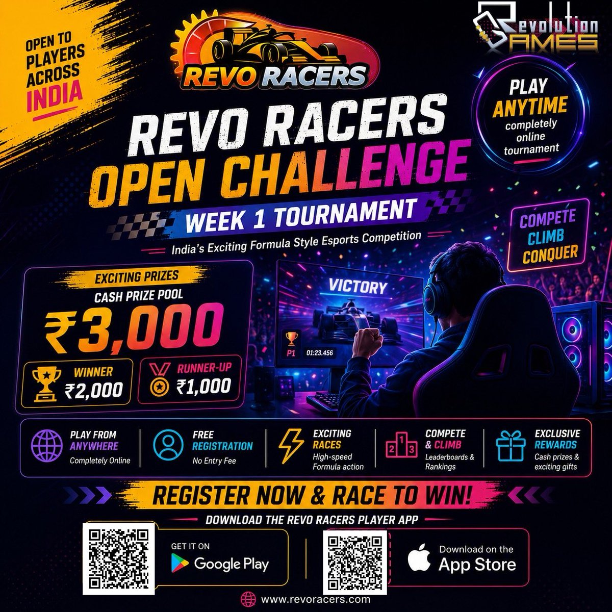 RevoRacers's tweet photo. REVO RACERS Open Challenge – Week 1 is now open.

Free registration | Open across India | Prize Pool: ₹3,000 (Winner: ₹2,000 | Runner-up: ₹1,000)

Download the REVO RACERS Player App, register, and compete online.

https://t.co/NkwEIt6yx6
#RevoRacers #EsportsIndia #Formulaone https://t.co/4wZpn0ZyiB