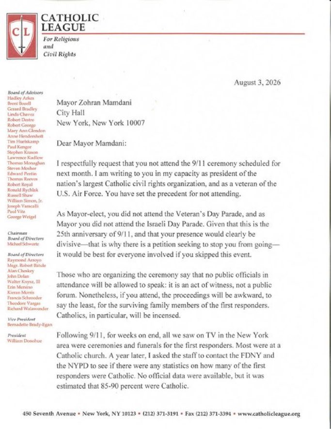 EYakoby's tweet photo. BREAKING: Catholic League President Bill Donohue is calling on New York City Mayor Zohran Mamdani to skip this year’s 9/11 memorial ceremony. https://t.co/4ZWkvE6Q5F