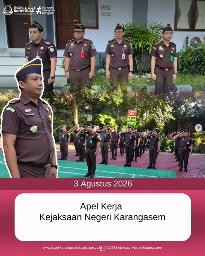 knkarangasem's tweet photo. Pada Senin, 3 Agustus 2026, pukul 07.30 WITA, Kejaksaan Negeri Karangasem melaksanakan apel kerja rutin yang bertempat di lapangan Kantor Kejaksaan Negeri Karangasem. Kegiatan tersebut dipimpin oleh Kepala Seksi Perdata dan Tata Usaha Negara, I Gusti Putu Suda Adnyana, S.H. https://t.co/CgLOnOib7B
